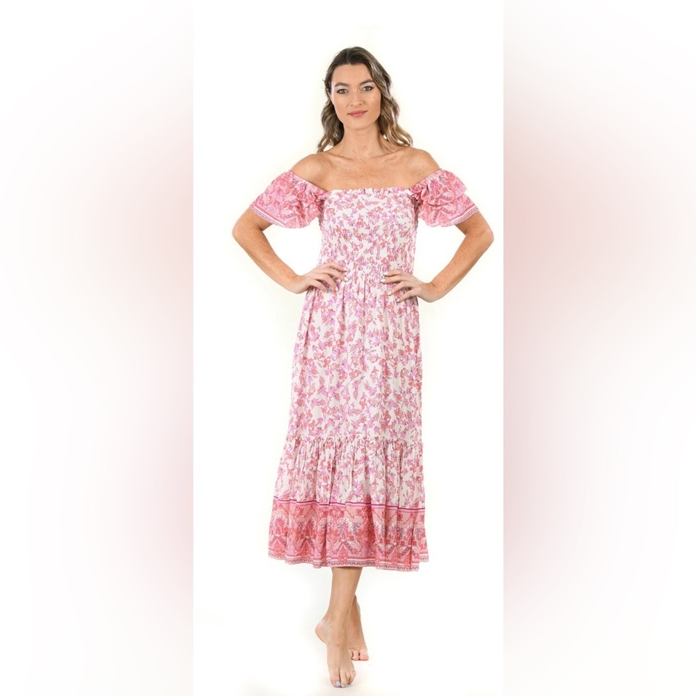 Walker And Wade Matilda Midi Dress Rouge Floral Pink Sz XS Off Shoulder Milkmaid